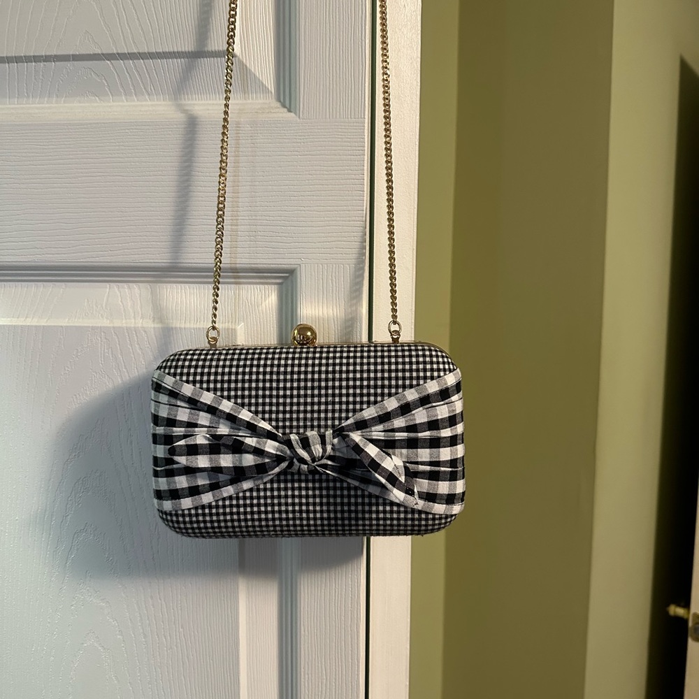 Black and white gingham bag with gold chain strap